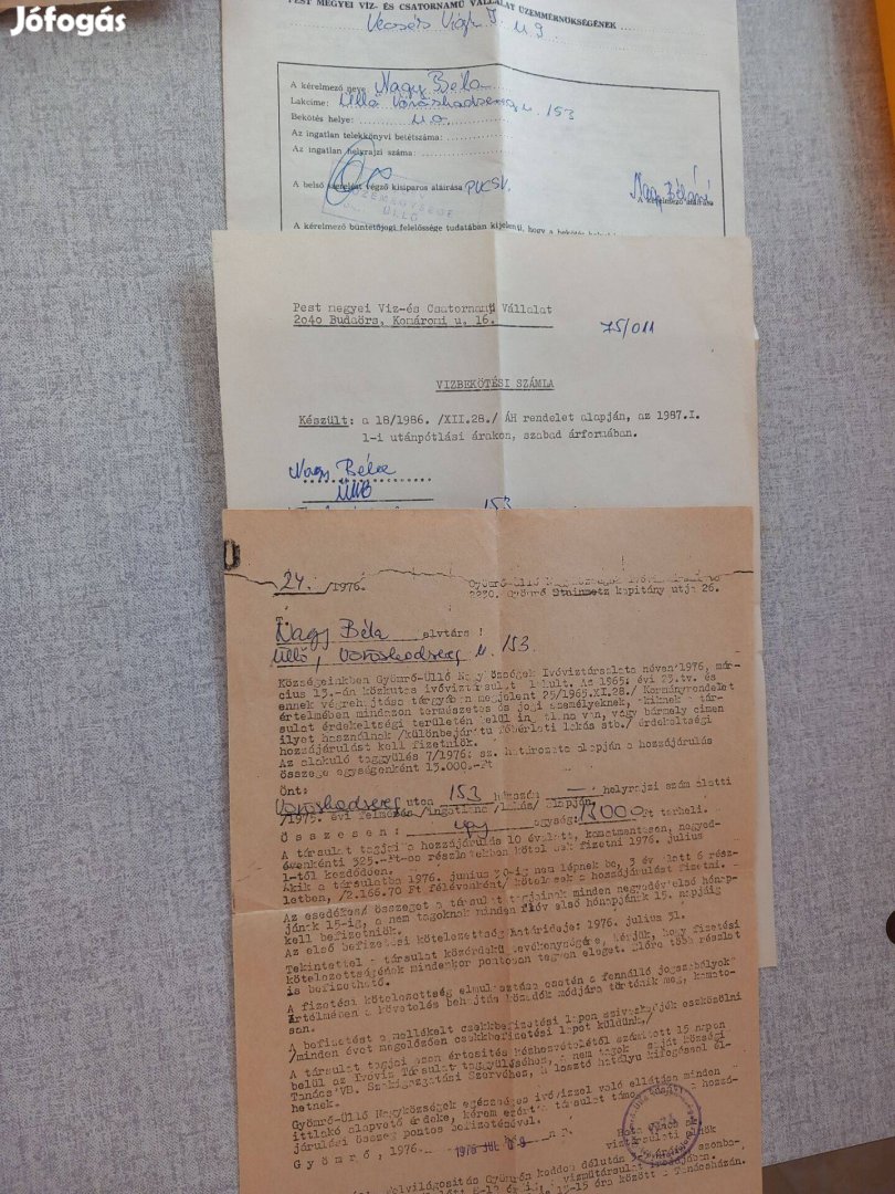 4db régi ivóvíz bekötéssel kapcsolatos iratok 70-es évekből