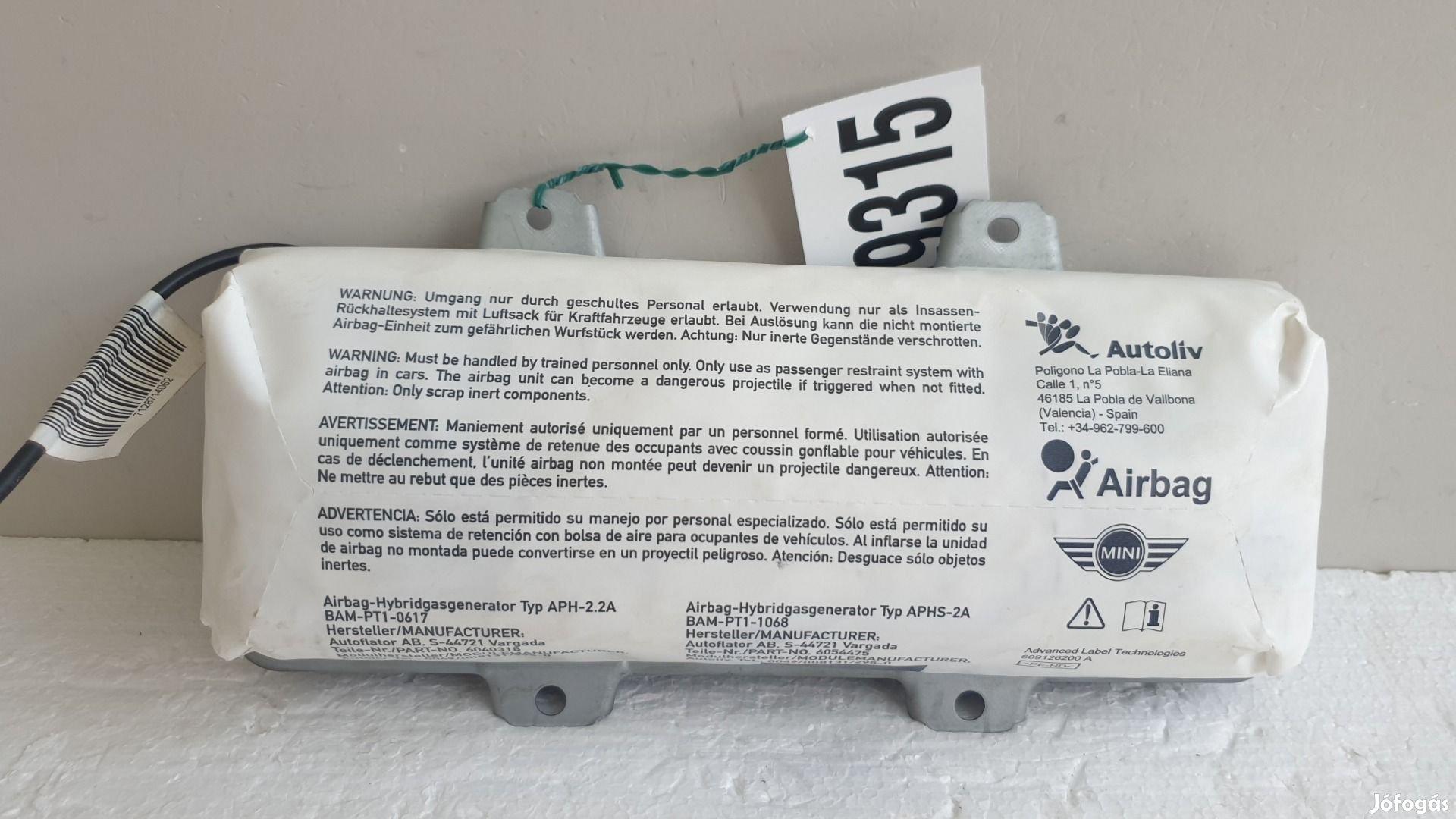 509315 Mini Cooper R56, 2008, Utasoldali Légzsák, 275573502.