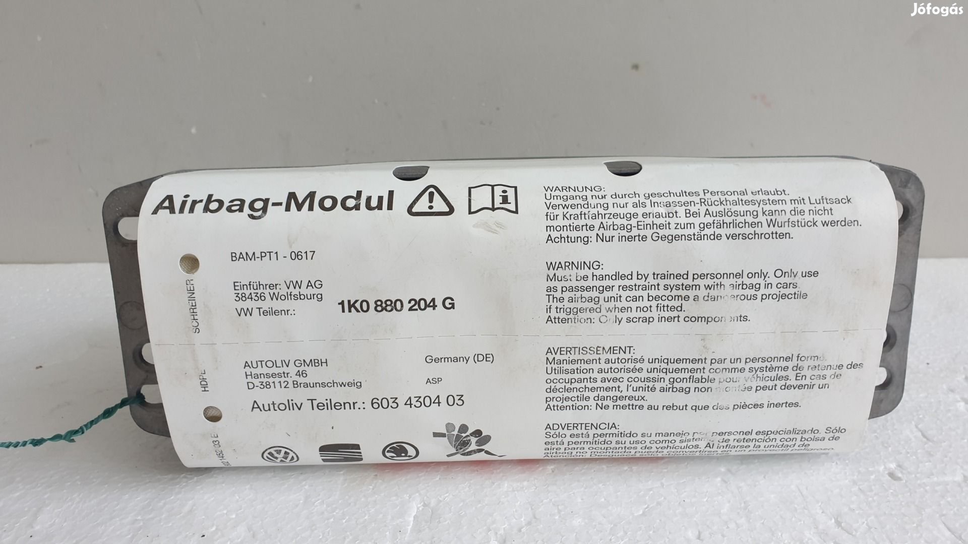 509369 VW Golf 5, 2005, Utaslégzsák, Légzsák, 1 Csati, 1K0880204G.