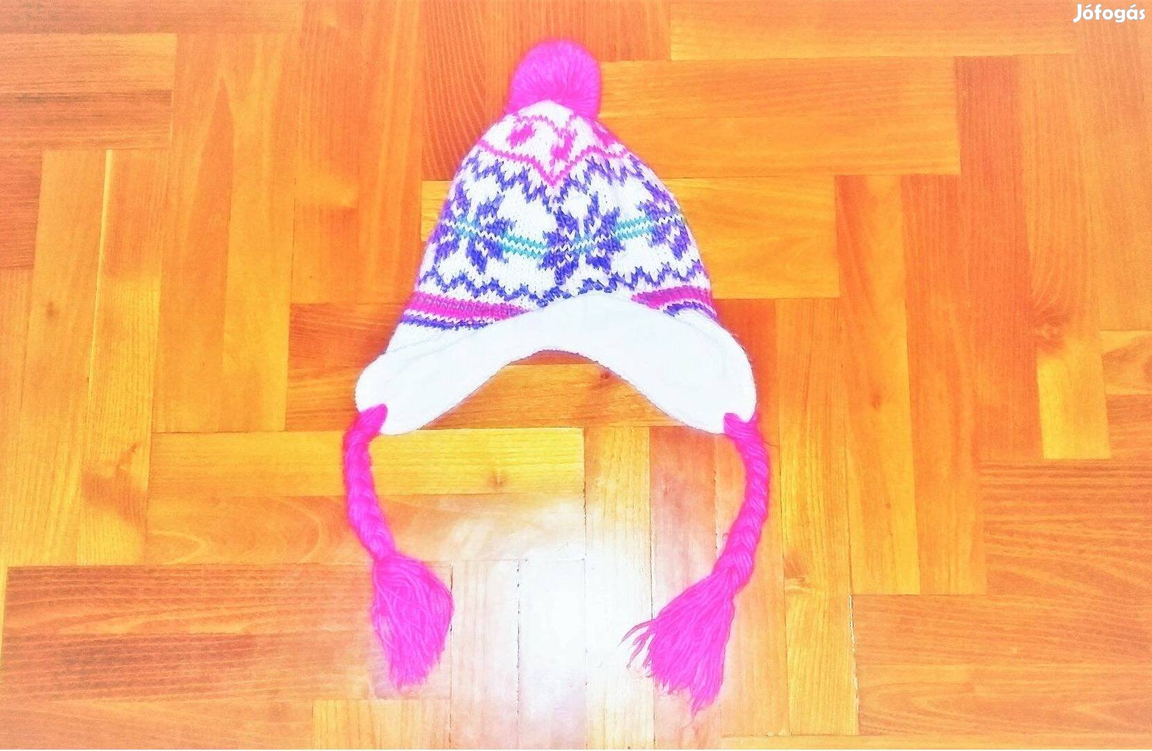 50-56 cm Újszerű cuki bélelt pink bojtos téli sapka sapi
