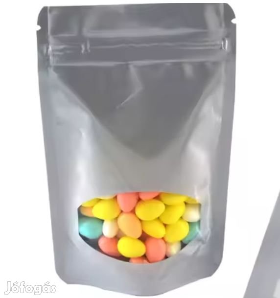 50db. 16x24x4cm-es Visszazárható Talpas Tasak Ezüst  (5997)