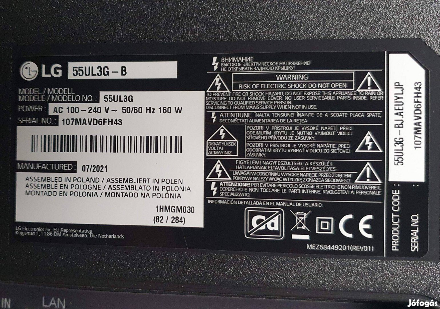 55UL3G-B LED Tv kijelző monitor hibás törött alkatrésznek eladó