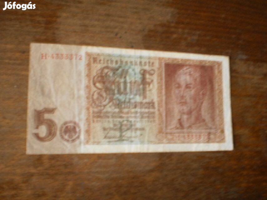 5 Reich Márk 1942 papír pénz T:2 eladó