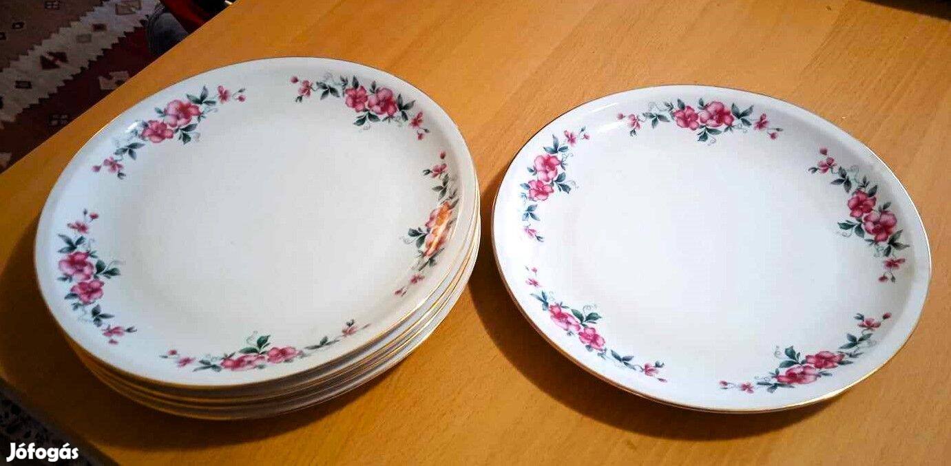 5 db. rózsaszín virágos Alföldi porcelán lapostányér