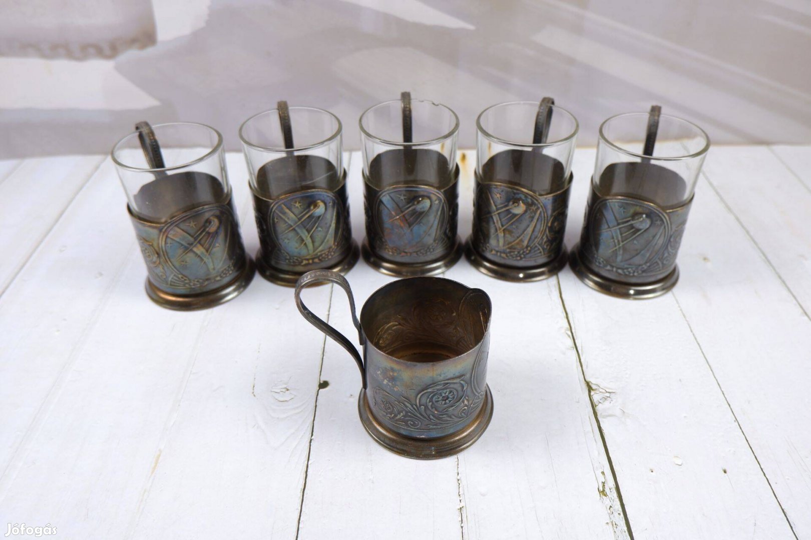 5db orosz teás pohár készlet plusz egy alsó rész