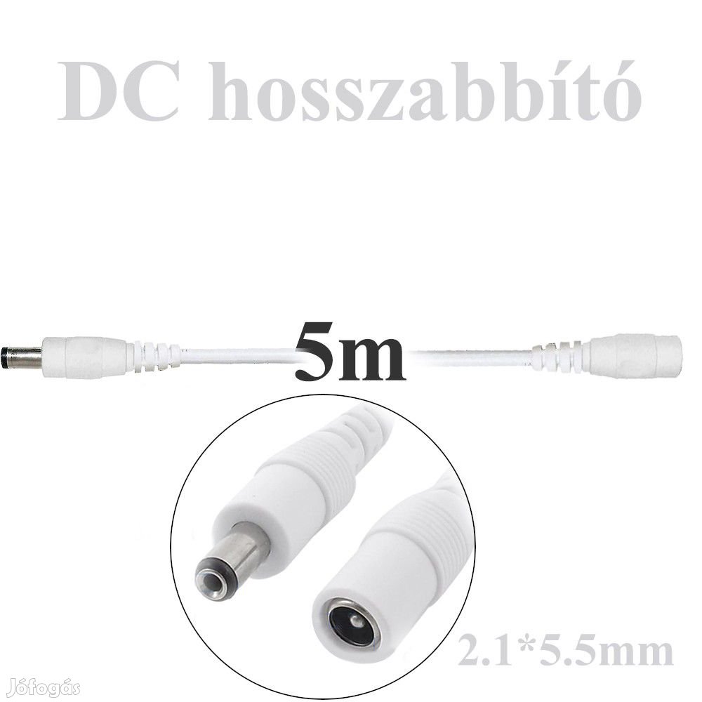 5m-es fehér DC hosszabbítókábel kamerákhoz, dugó-aljzat 5.5 * 2.1MM