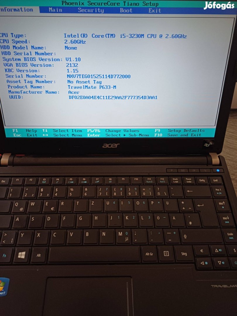 602.Acer laptop biosig tesztelt,kijelző ok! Alsó rendszerfedél hiányzi