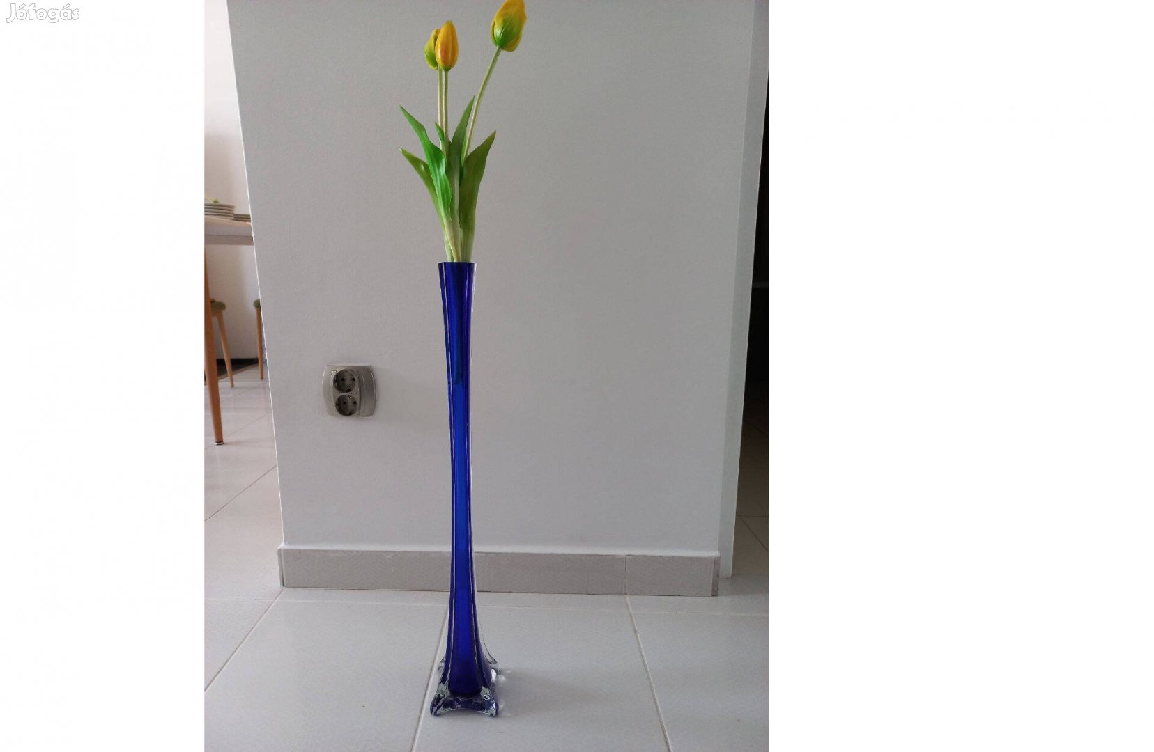 60 cm magas egyszálas kék üveg váza, állóváza