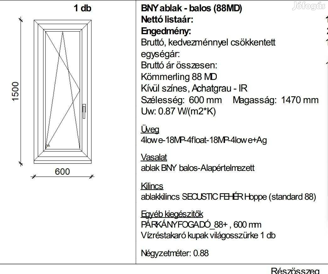 60x150 Kömmerling Prémium kategóriás ablak eladó