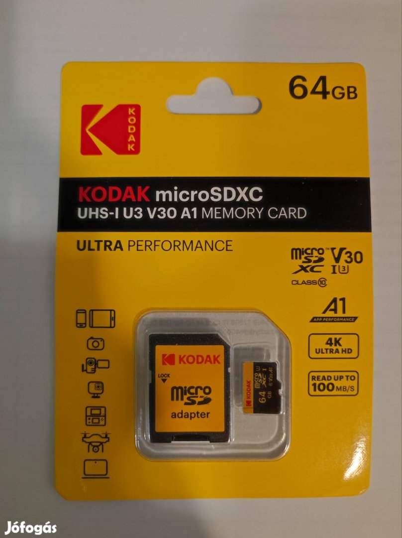 64GB Kodak memóriakártya Microsdxc V30 U3 Class 10 új 