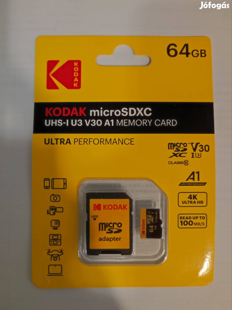 64GB Kodak memóriakártya Microsdxc V30 U3 Class 10 új 