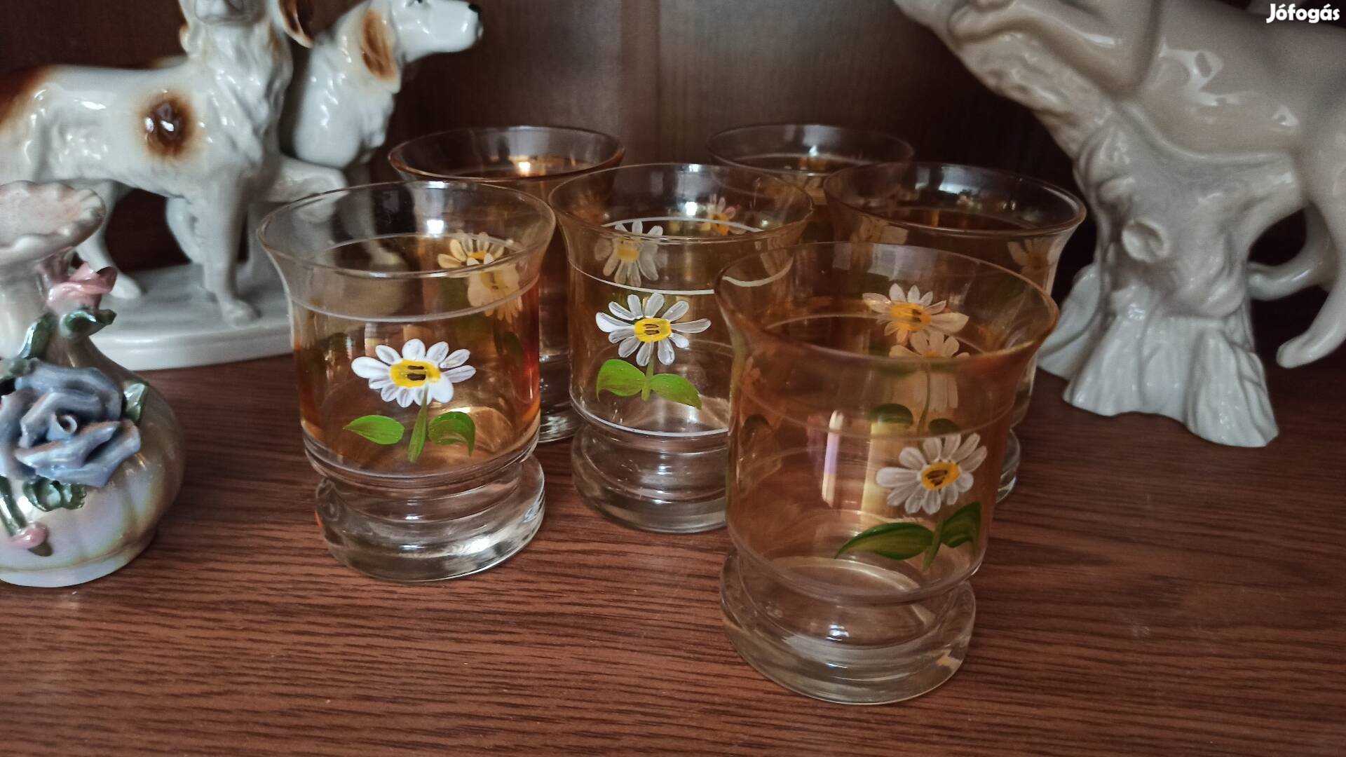 6 db Régi festett virágos pohár poharak
