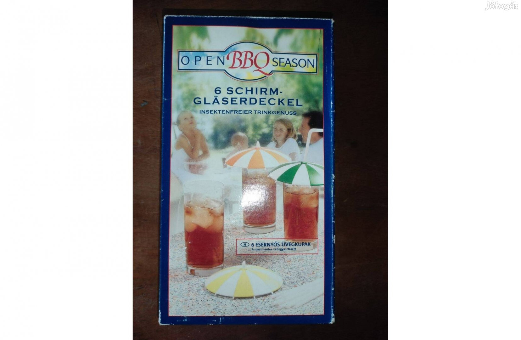 6 db esernyős üvegkupak italokhoz, új, dobozában