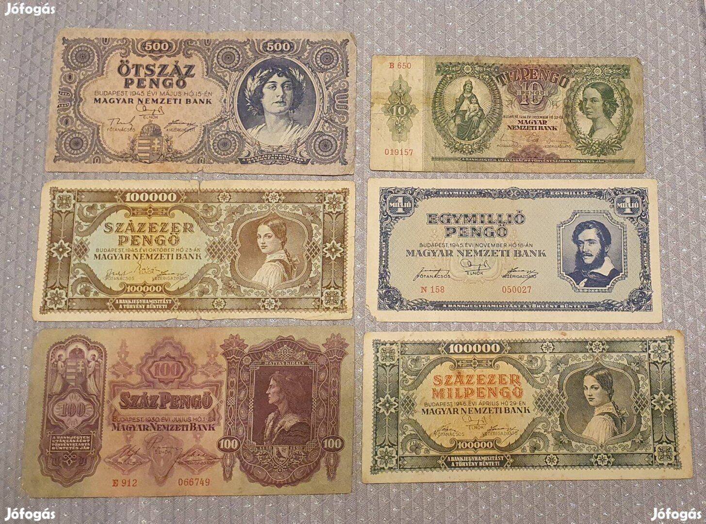 6 db különböző pengő, papír pénz