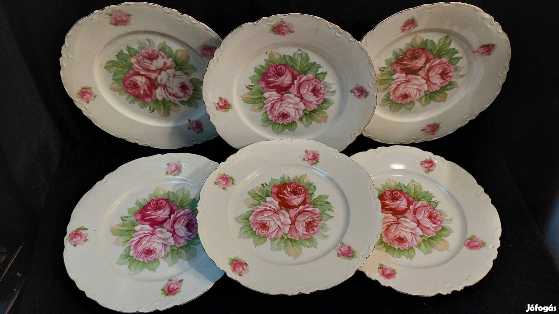 6 db régi, rózsás porcelán lapostányér