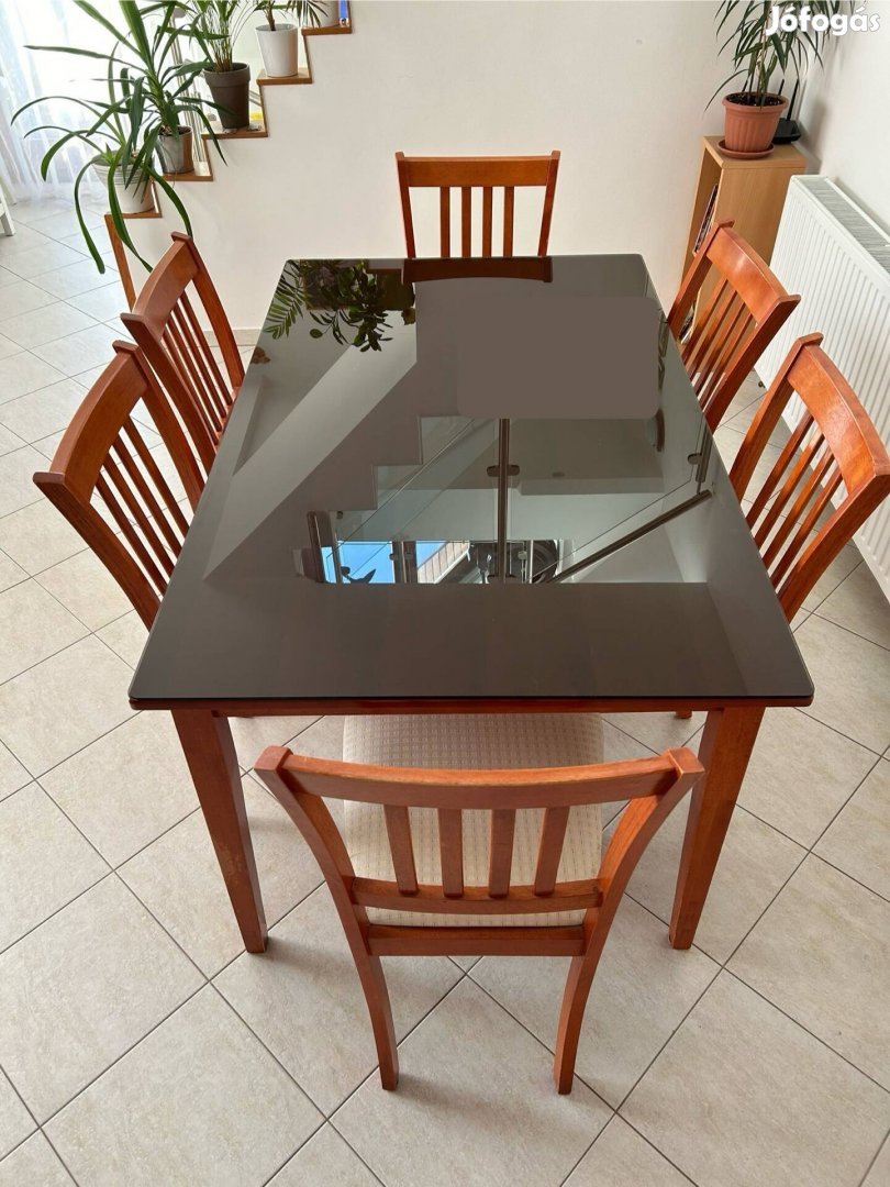 6 személyes étkezőasztal üveglappal + székek