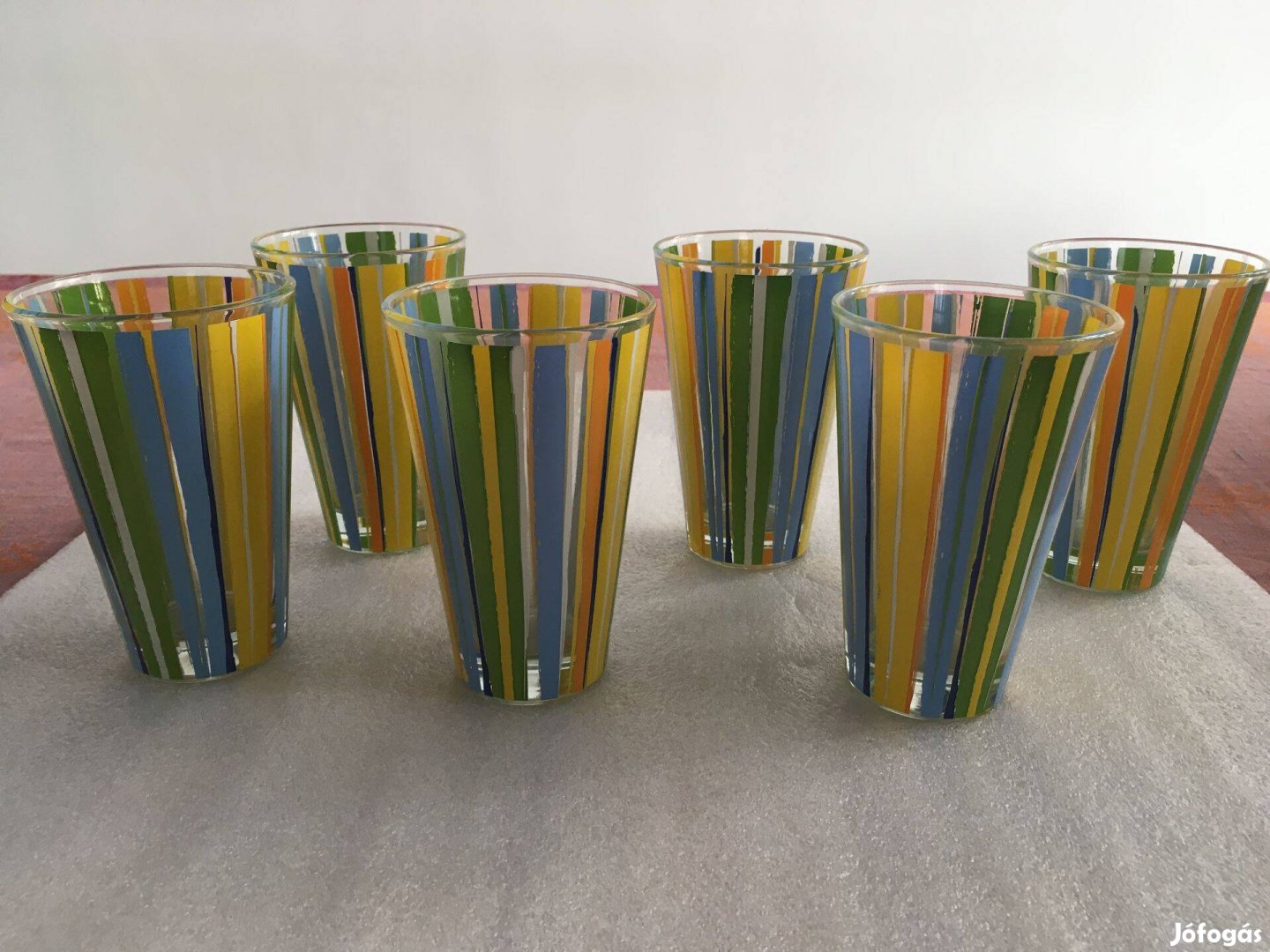 6db új, csíkos mintás, színes, üvegpohár, vizes, üdítős