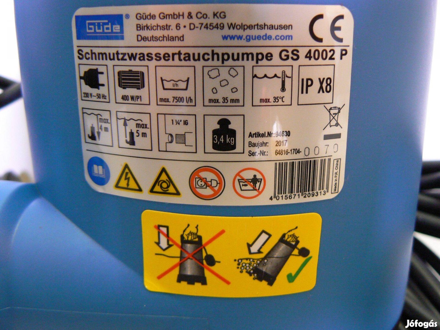 7500lh vízhozammal úszókapcsolós búvárszivattyú, szennyvíz