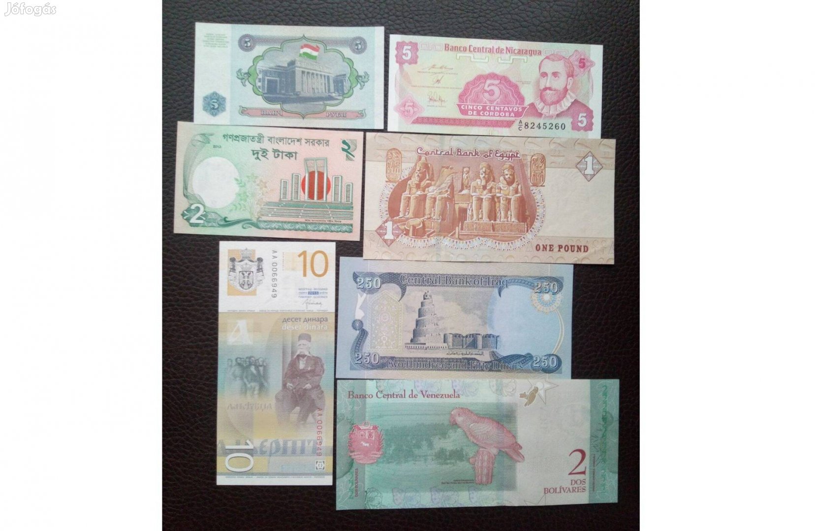 7 db új, bankfriss bankjegy 4 kontinensről
