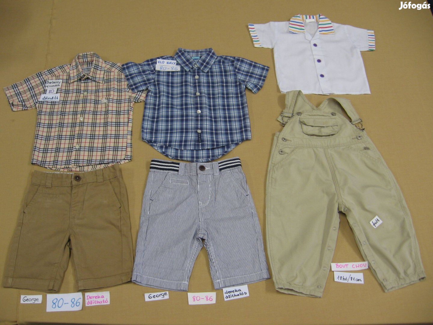80-86-os kisfiú nyári ruhacsomag, átnőtt ingek, George rövidnadság stb