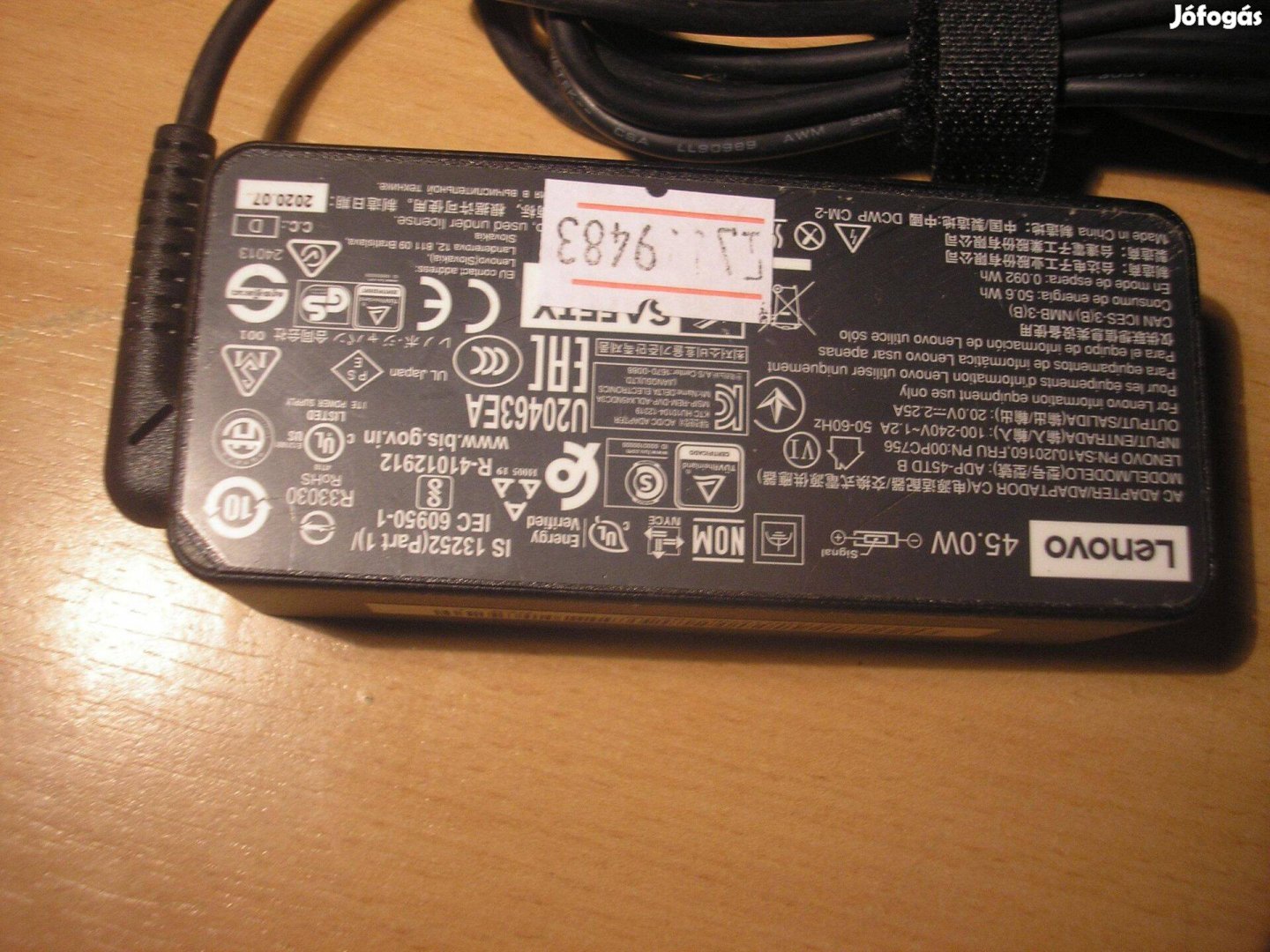 9483 Lenovo 20V 2.25A 45W szögletes laptop notebook töltő tápegység ad