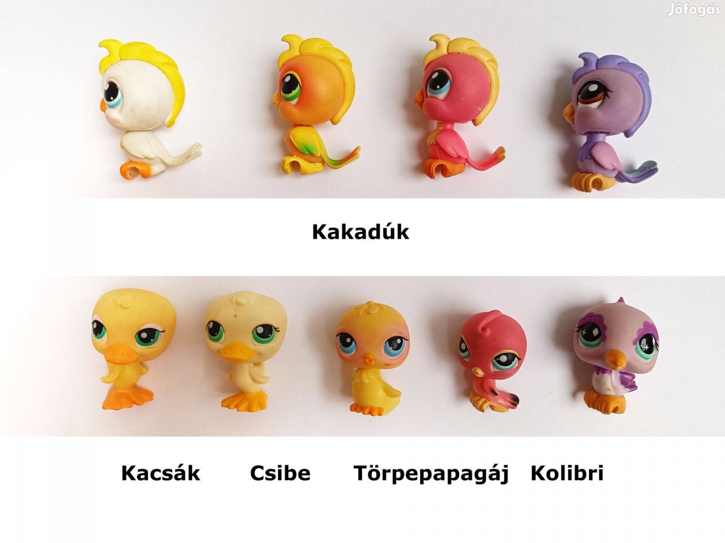 9 db LPS madár figura, kakadú, kacsa, csibe, papagáj, kolibri