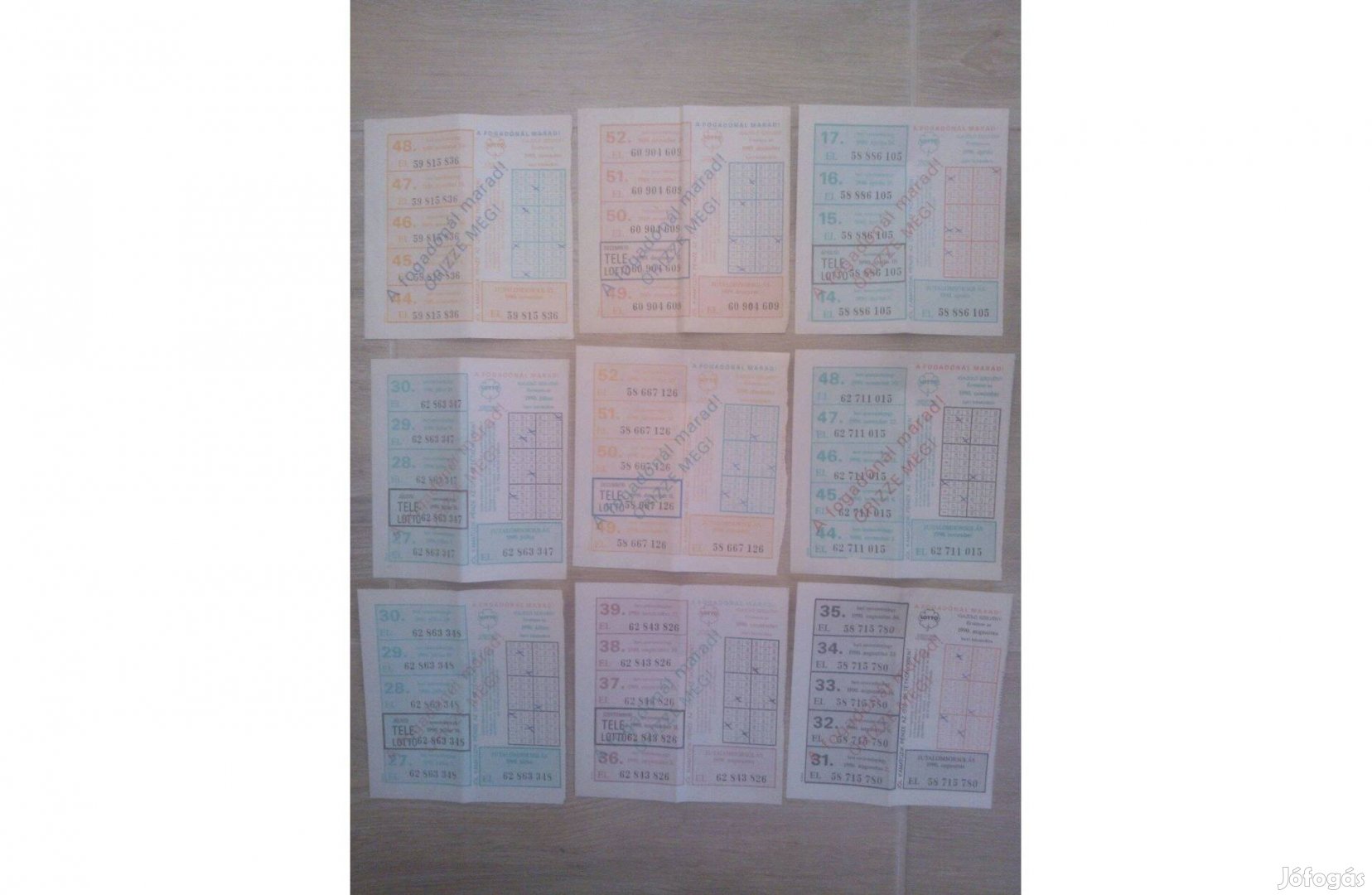9 db retro lottó sorsjegy 5 féle színű szép állapotúak 1989-1990!