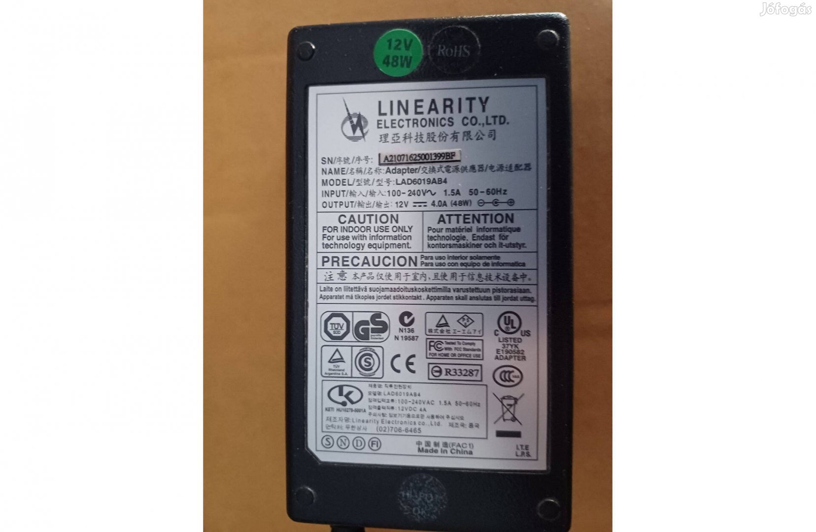 AC Adapter töltő Linearity LAD6019AB4 12V 4A 48W Eladó!