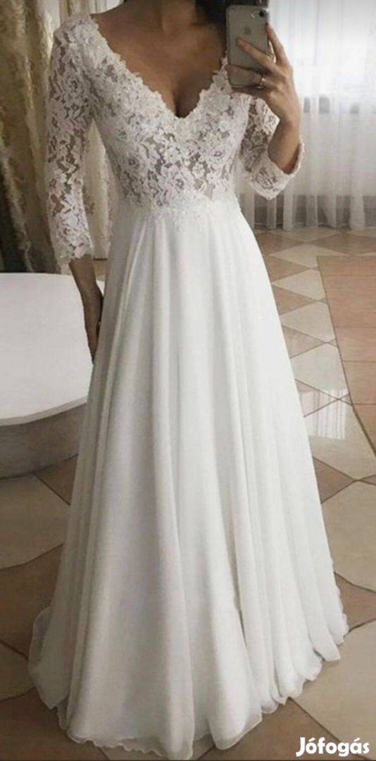 A-vonalú V-alakú háromnegyedes Földig érő menyasszonyi ruha