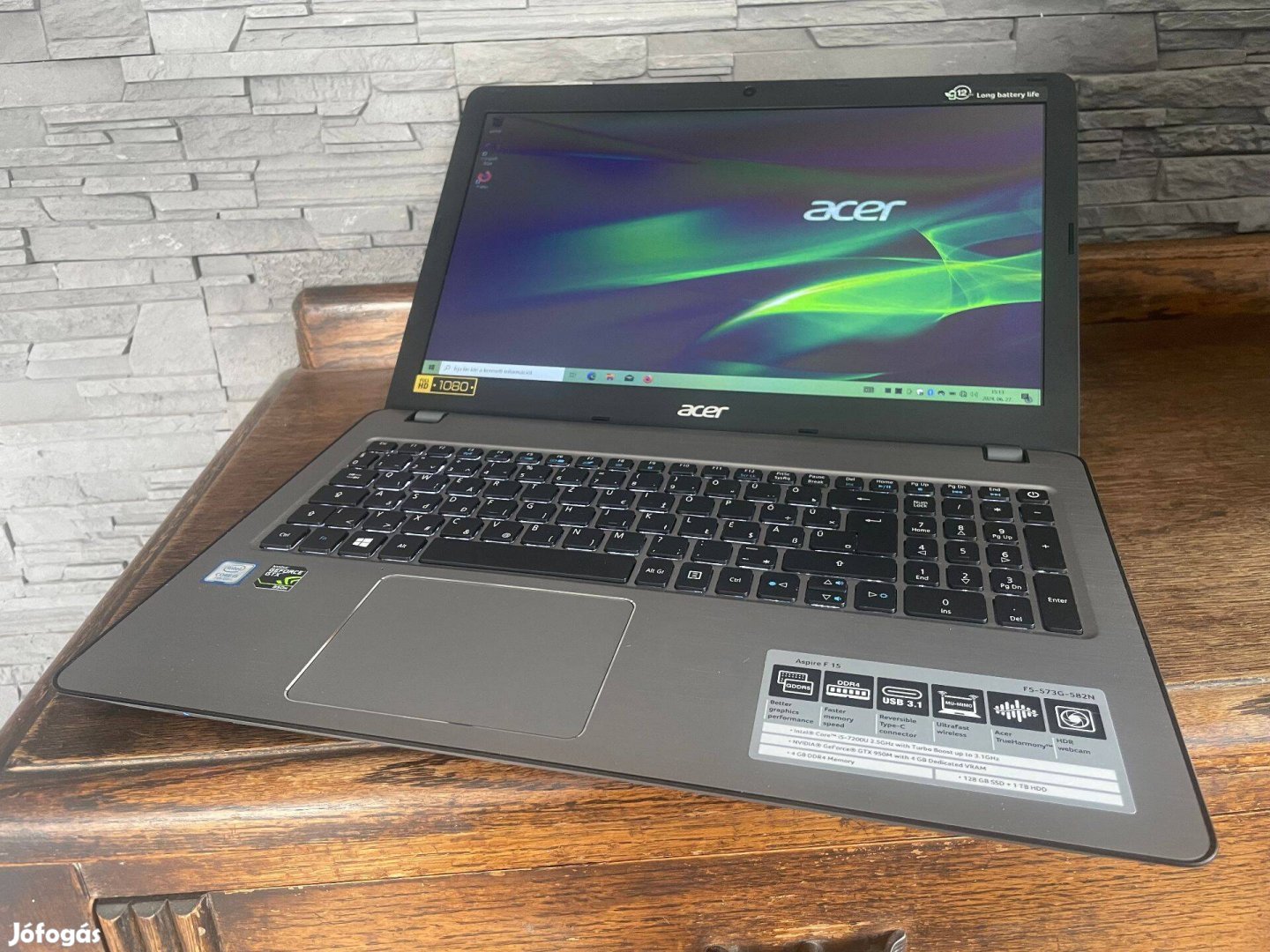 Acer F15 magyar gamer laptop/i5-7.gen/8Gb ram/128Gb+1Tb/Gtx 950M 4Gb/