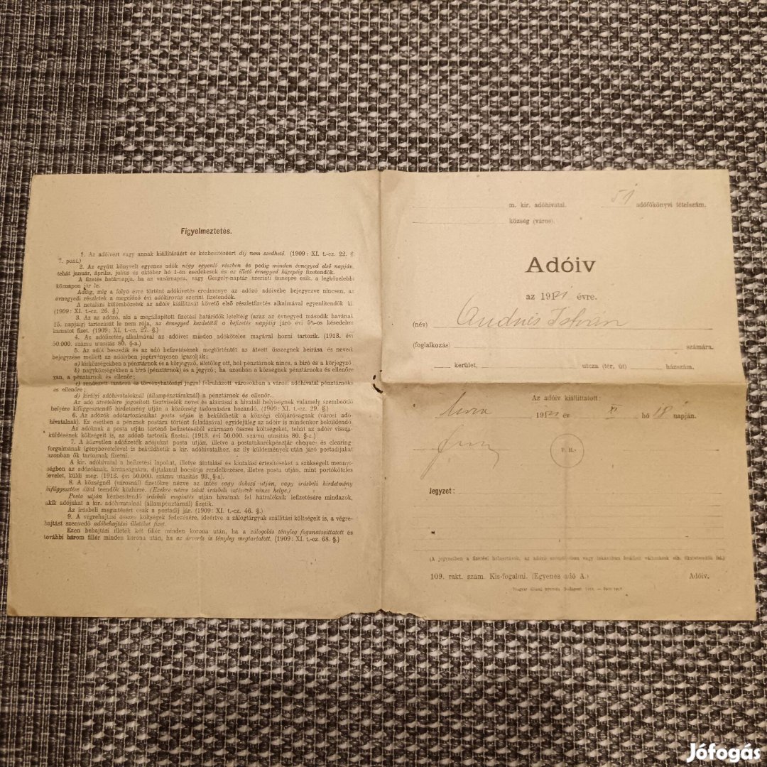Adó ív 1921. évből nagyméretű régi ,gyűjtemény