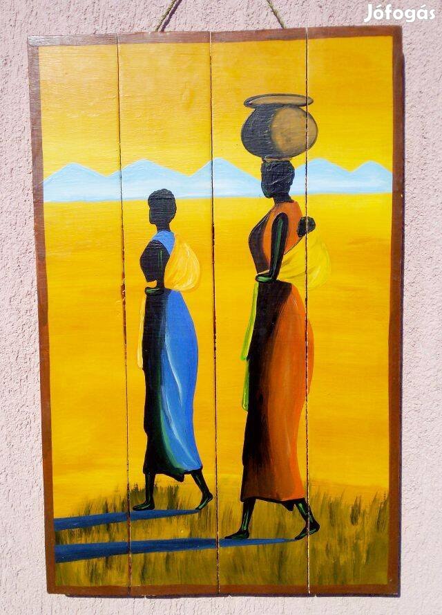 Afrikai batyus nők. Deszka lapokra festett kép. Kortárs művészi alkotá