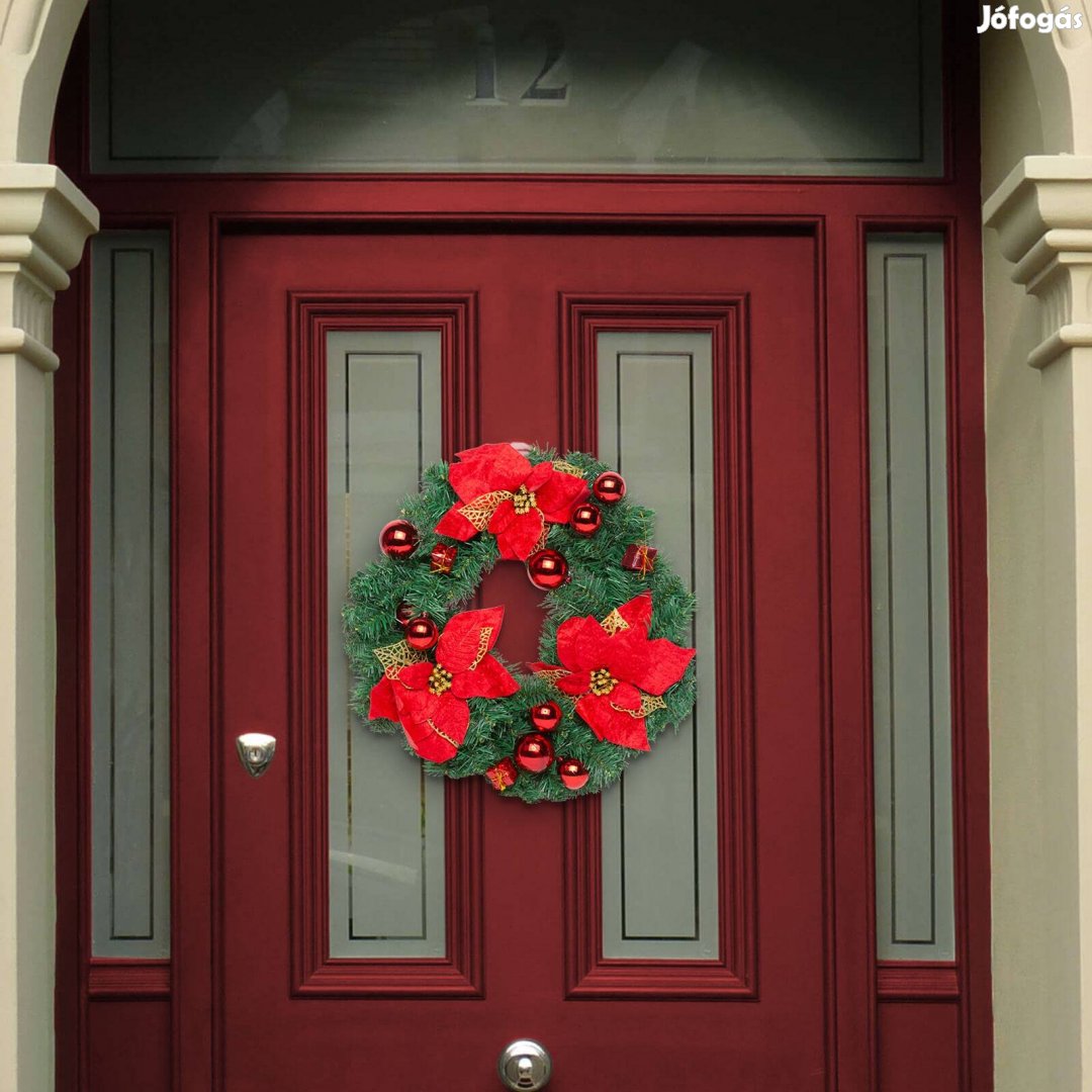 Ajtódísz Karácsonyi koszorú 40 cm zöld piros díszekkel és
