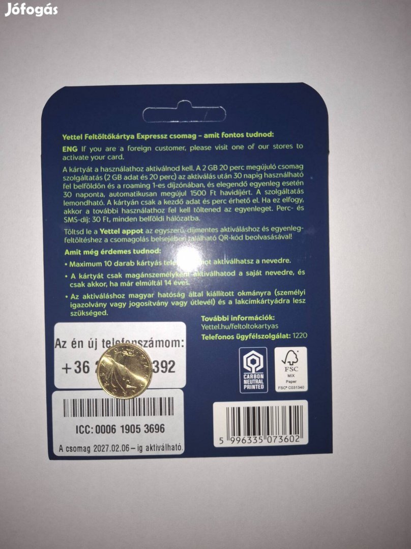 Aktivált sim kártya - telefonkártya - Követségi Alkalmazotta