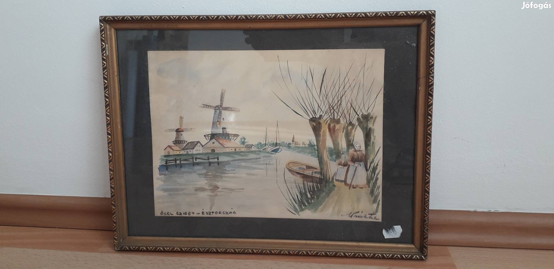 Akvarell északról, hajós képpel, üvegezett keretben. Észtország.