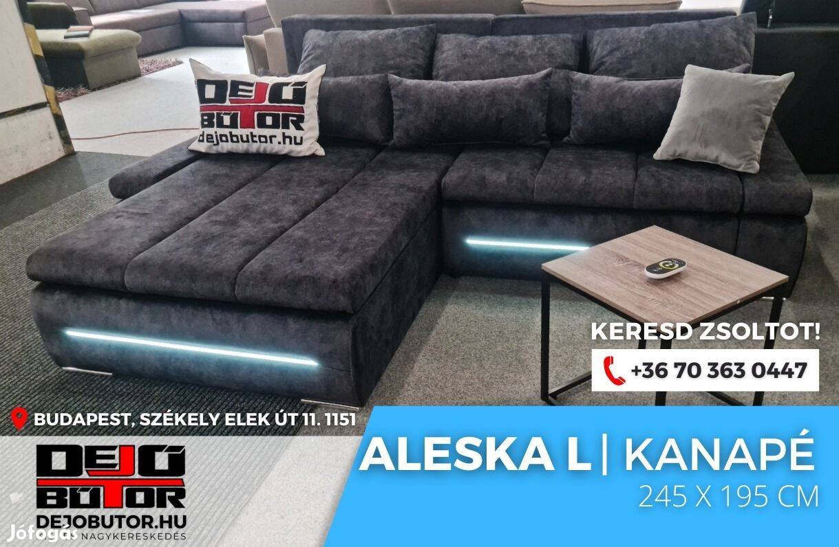 Aleska LED sarok kanapé ülőgarnitúra fekete 245x195 cm ágyazható