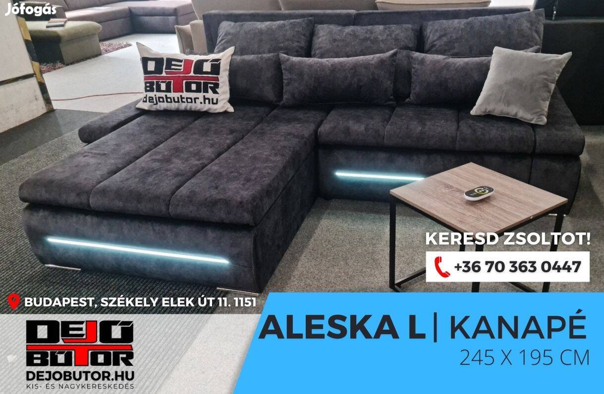 Aleska LED sarok kanapé ülőgarnitúra szürke 245x195 cm ágyazható