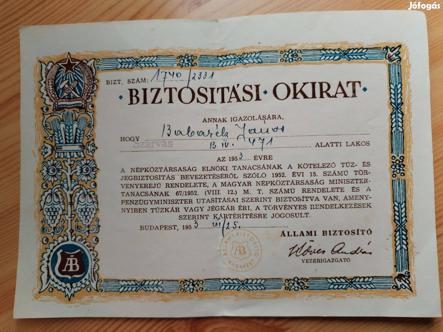 Állami Biztosító által 1953-as kiállított biztosítási okirat tűz- vag