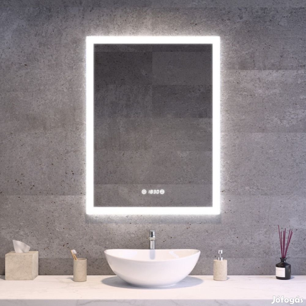 Álló fürdőszobai LED tükör 60x80cm | Páramentesítő - Óra - Fényerő és