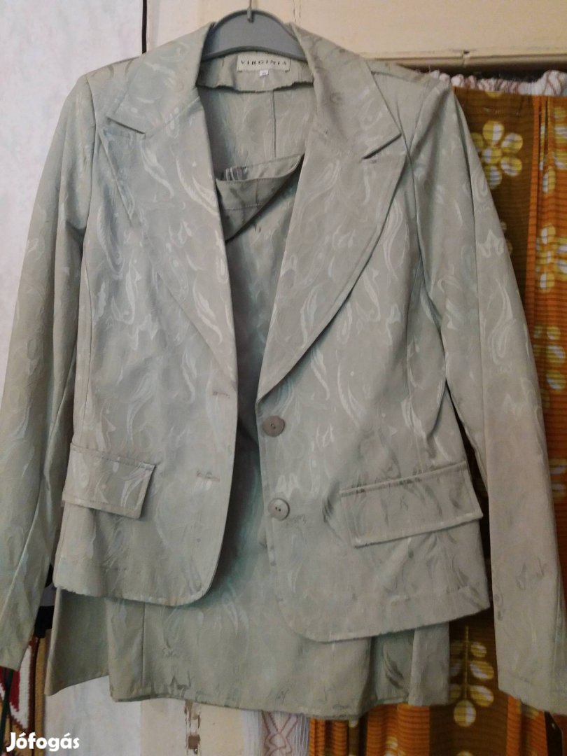 Almazöld, mintás brokát elegáns új kosztüm S- 40