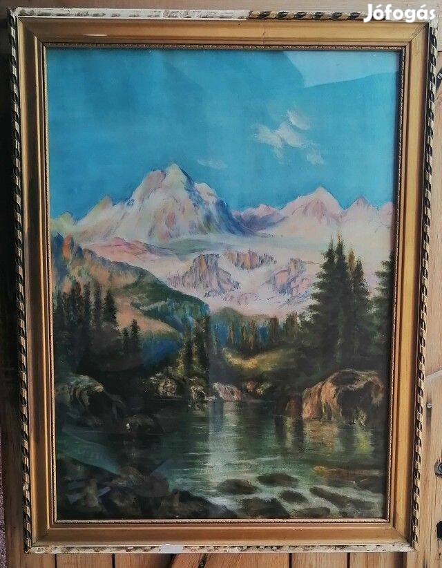 Alpesi táj megduzzadt patakkal, Vitange pasztell-karton festmény, isme