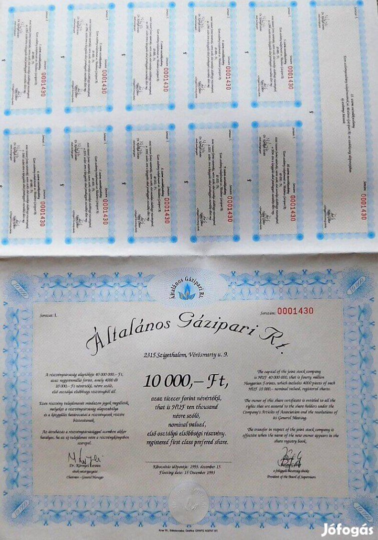 Általános Gázipari RT részvény 1993