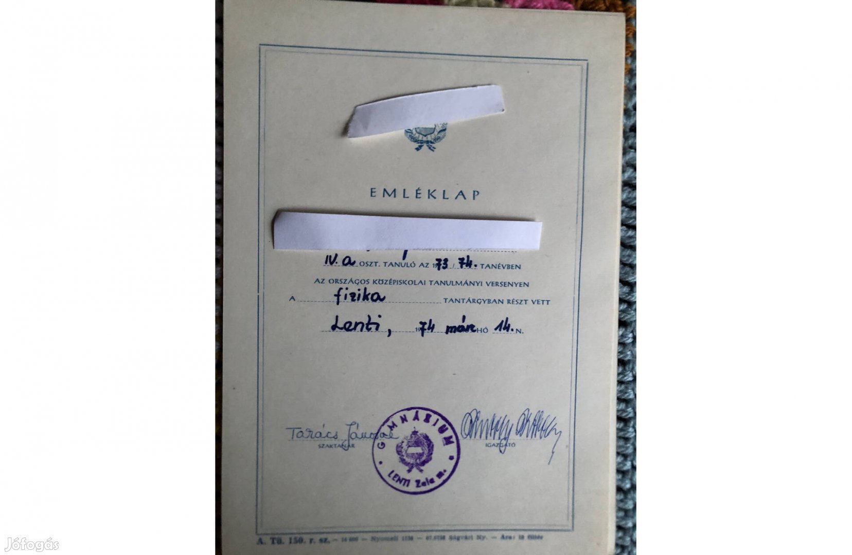 Általános iskolás emléklap pecséttel1974-ből 850 Ft
