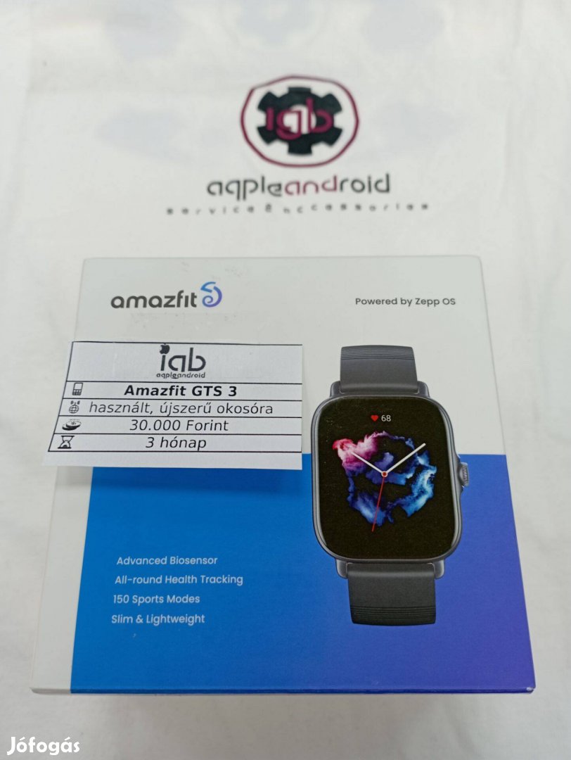 Amazfit GTS 3 okosóra dobozával töltőkábellel