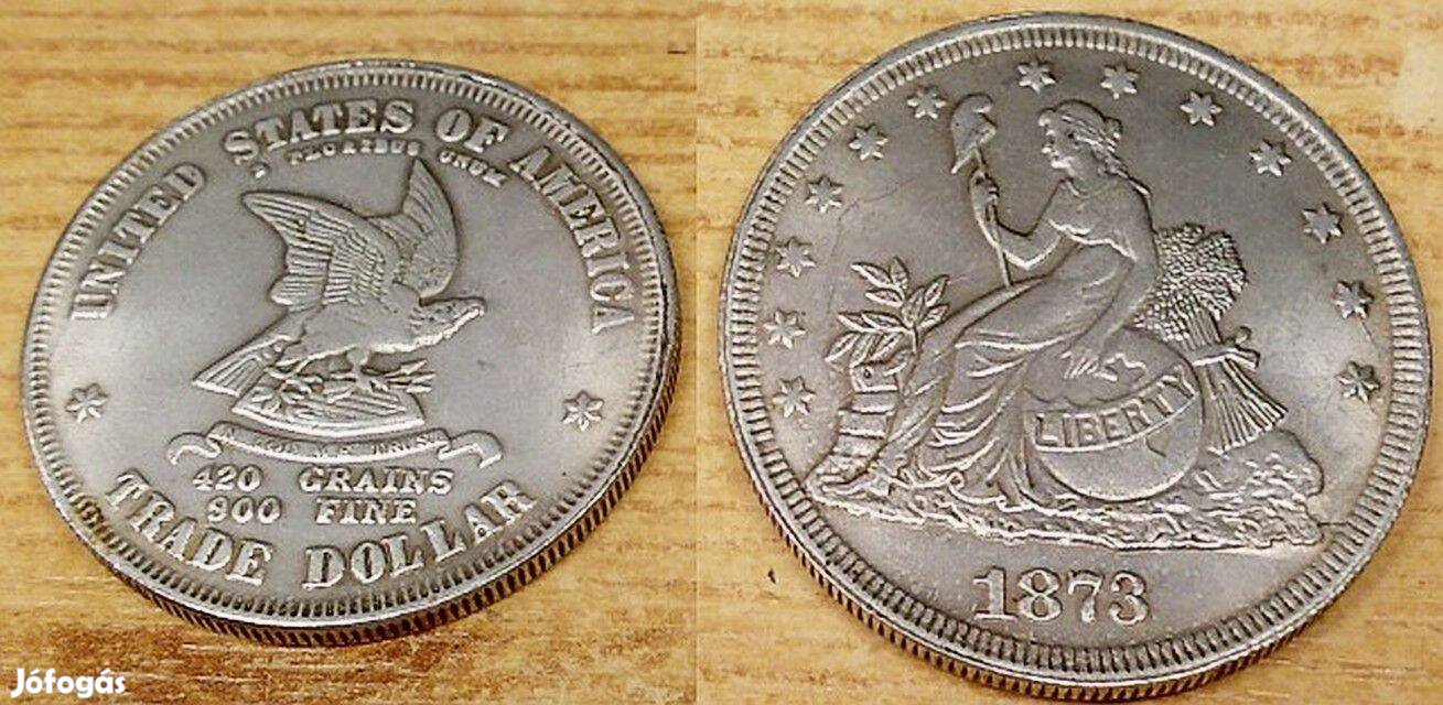 Amerikai Trade Dollar 1873, ezüstözött kópia, gyűjteménybe való darab