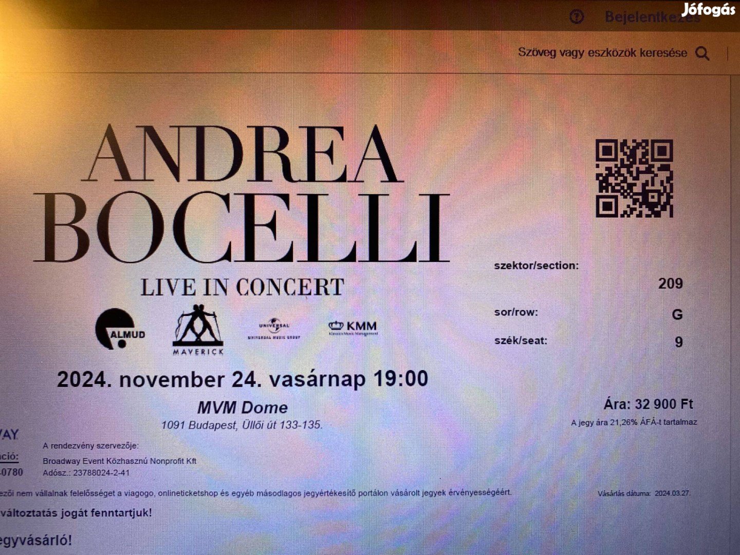 Andrea Bocelli koncertjegy