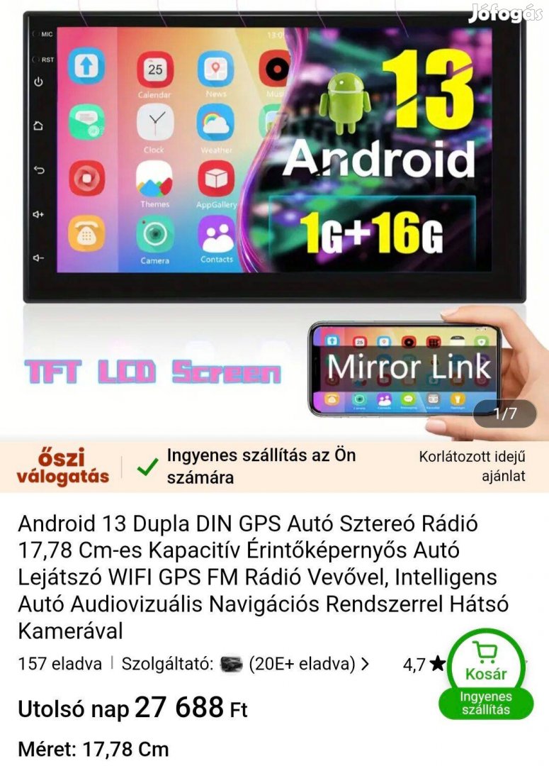 Andriod 13 dupla din GPS autórádió+hátsó kamera