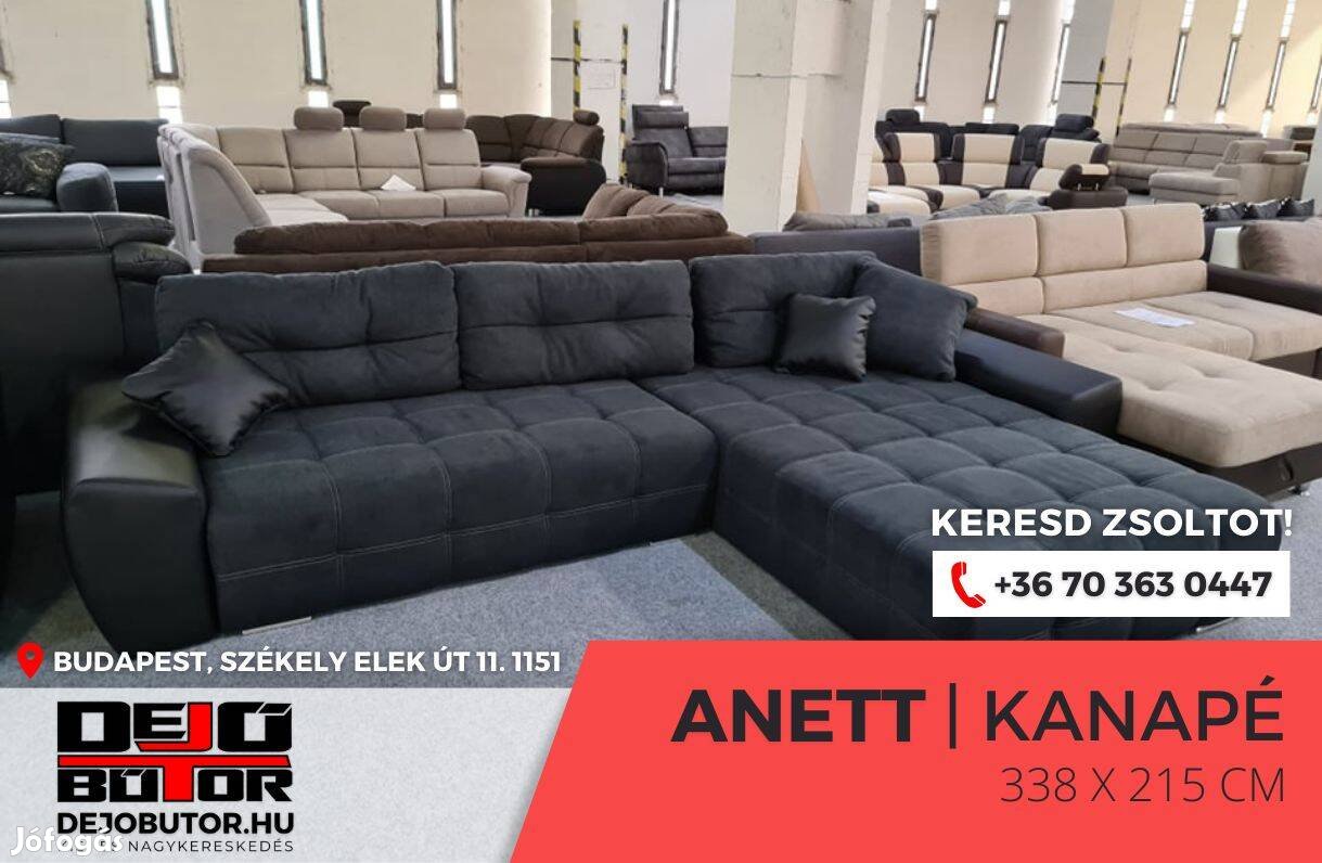 Anett sarok fekete kanapé szivacsos ülőgarnitúra 338x215 cm ágyazható