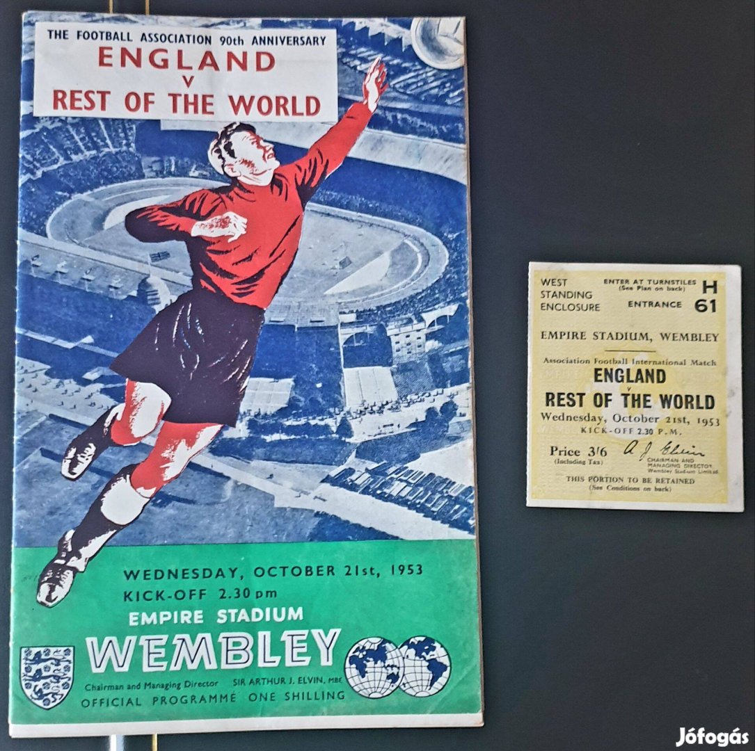 Anglia-Világválogatott 1953 Aranycsapat Kubala Wembley belépő és füzet