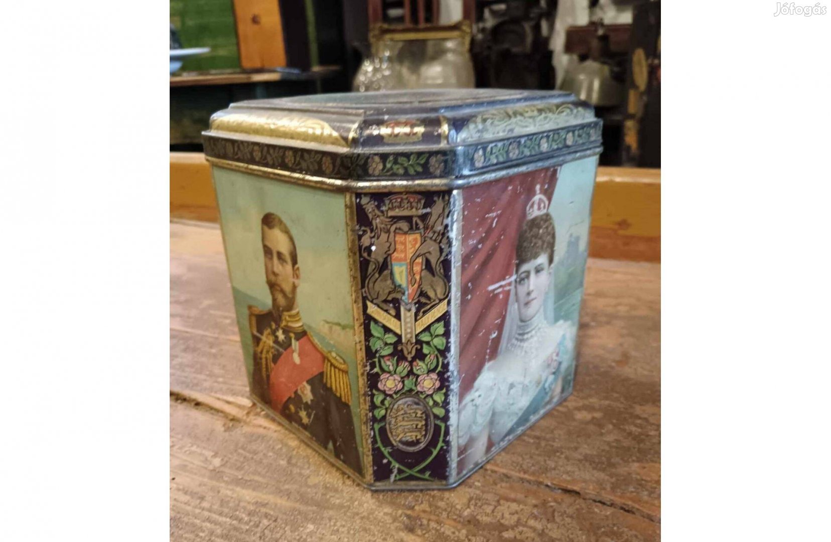 Angol 1902-es teás doboz, nagyon szép nyomatokkal, jó állapotban